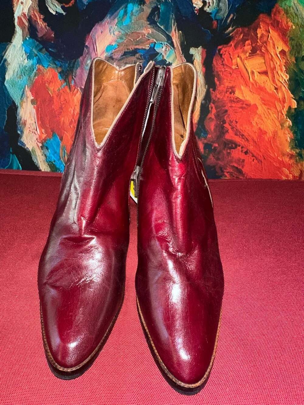 No.09 Robertina by Silvia Burgundy Leather Ankle Boots, Zipper and Stacked Heel